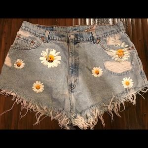 Painted Daisy distressed denim shorts